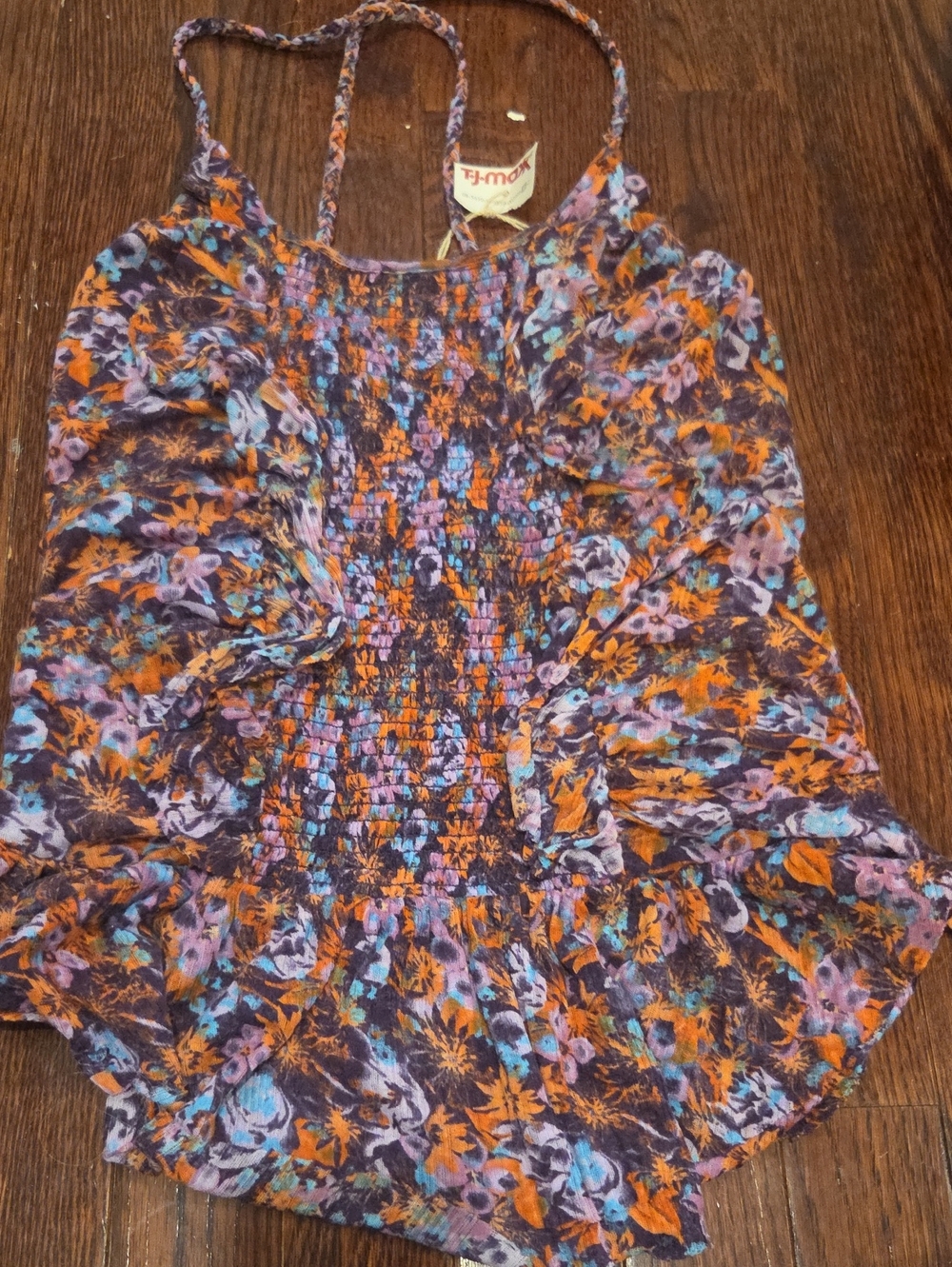 Free People Floral Smocked Spaghetti Strap Tank in Purple, Orange & Blue